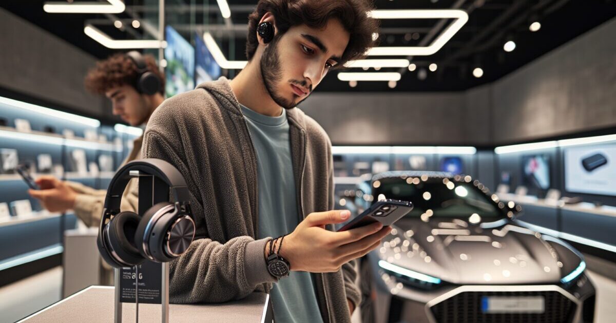 Un client essaie un casque Bluetooth en magasin, prix consulté sur smartphone