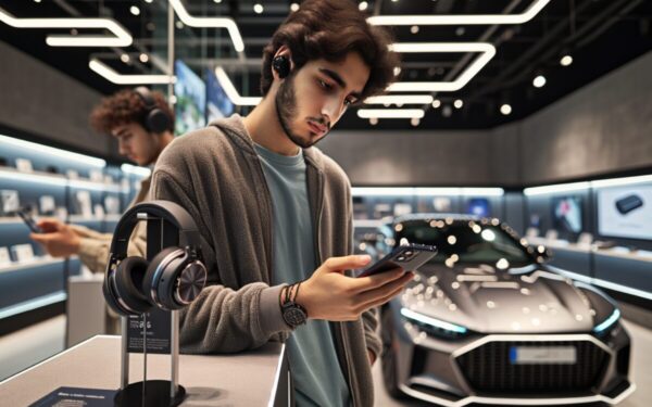 Un client essaie un casque Bluetooth en magasin, prix consulté sur smartphone